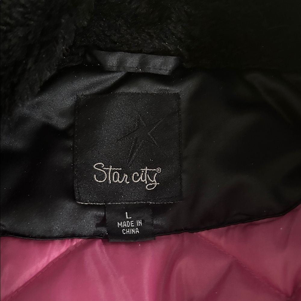 Y2K Star City Faux Fur Bomber Jacket - Black | Size L - Picture 8 of 9